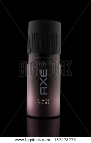 Kiev, Ukraine, December 15 2016. Axe Deodorant Bodyspray Black Night Isolated On Black. Path Include