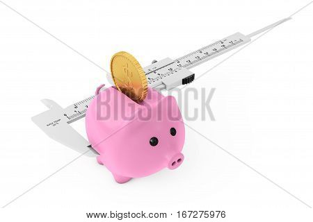 Size of Savings Concept. Piggy Bank with Golden Coin and Vernier Caliper Sliding Gauge on a white background. 3d Rendering.