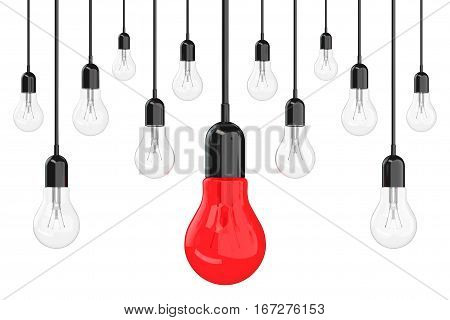 Ideas Concept. Many Light Bulbs with One Red in Centre on a white background. 3d Rendering.
