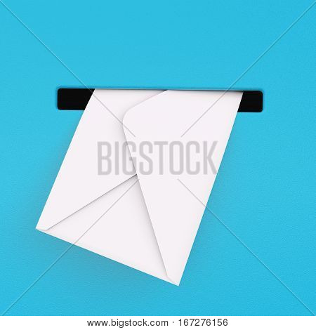 White Envelope in Blue Mailbox extreme closeup. 3d Rendering.