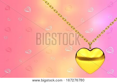 Heart Medallion on chain in front of Background with Many Hearts. 3d Rendering