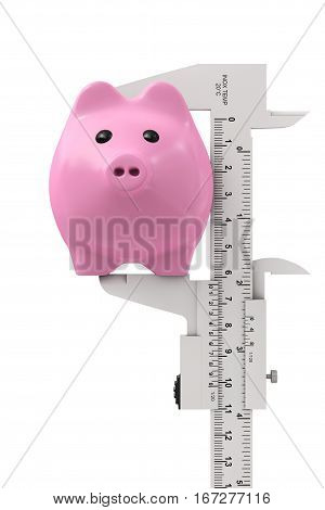 Size of Savings Concept. Piggy Bank with Vernier Caliper Sliding Gauge on a white background. 3d Rendering.