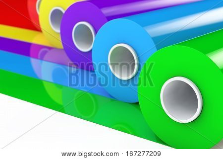 Multicolor PVC Polythene Plastic Tape Rolls or Foil on a white background. 3d Rendering.