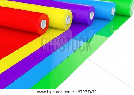 Multicolor PVC Polythene Plastic Tape Rolls or Foil on a white background. 3d Rendering.