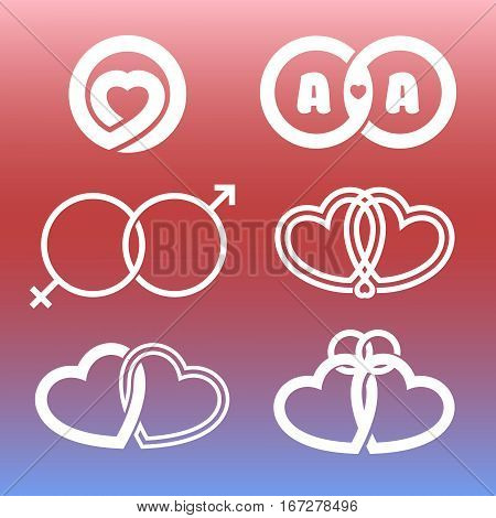 Isolated outlined hearts and rings vector logo set. White contour wedding elements on the pink background. Love symbols. Romantic signs. Engagement attributes. St. Valentines day greeting cards,