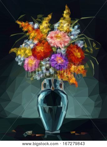 Flowers, Bouquet of Asters in a Pot, Low Poly Geometrical Polygonal Colorful Pattern. Vector