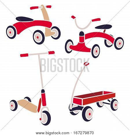 Vintage Kids Toys Bicycle, Kick Scooter, Red Wagon. Vector Collection