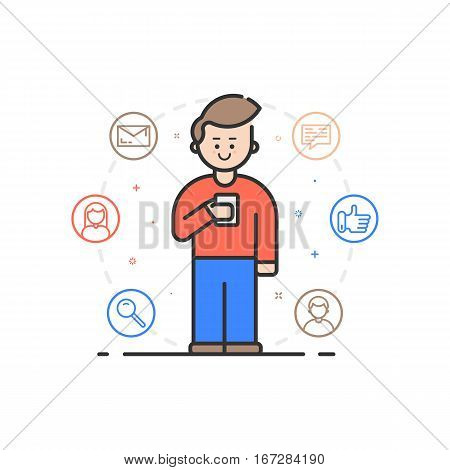 Vector illustration in flat linear style. Boy holding mobile phone with smile on his face - receiving comments, notifications and appreciations from his customers and followers - outline stock vector.