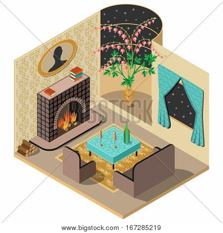 Living room with fireplace, carpet, table, chair, sofa, and vase. 3D isometric view. Vector illustration.