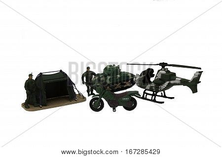 Army toys for boys on white background.