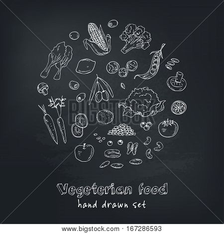 Vector hand drawn set of Vegeterian food. Vegetables, fruits. Vintage illustration for design menus, recipes and packages product.