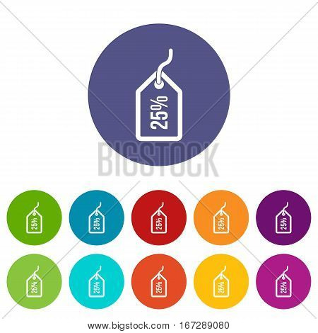 Tag with 25 discount set icons in different colors isolated on white background