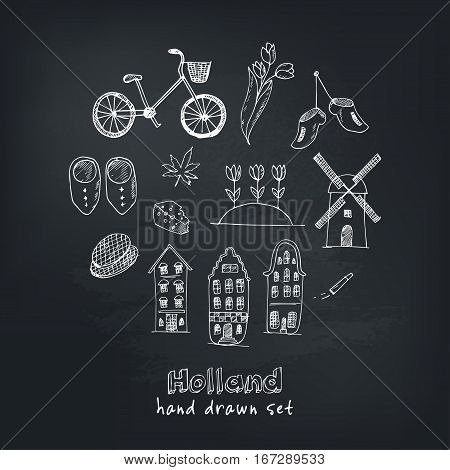 Doodle hand drawn collection of Holland icons. Netherlands culture elements for design. Vector illustration with travel objects