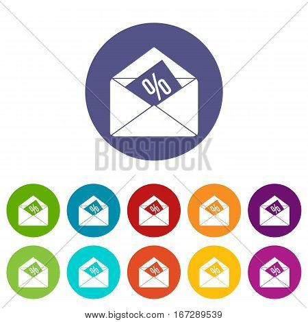 Envelope with percentage set icons in different colors isolated on white background
