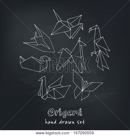 Origami hand drawn doodle set. Vector illustration of hand drawn paper figures