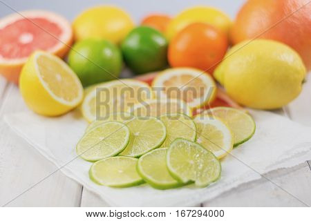 Healthy composition of lemon lime grapefruit and tangerine packed with vitamin C.