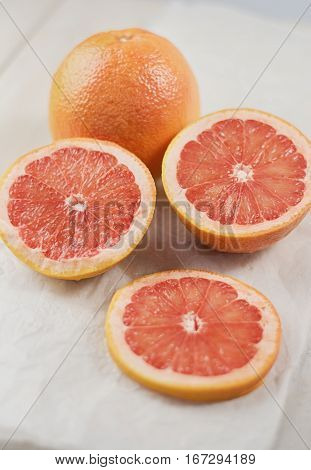 Grapefruit in a cut in the foreground.