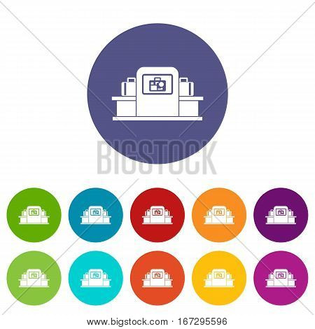 Airport baggage security scanner set icons in different colors isolated on white background