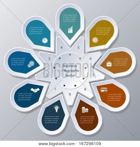 Business Infographic nine Points arranged in circle gear