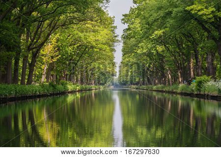 Symmetry view on flow line of menmade canal in Belgium.
