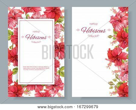 Vector red tea vertical banners with hibiscus flowers on white background. Botanic frame. Design for packaging, tea shop. Can be used as dreeting card and wedding invitation. With place for text