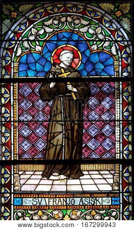 KRAPINA, CROATIA - APRIL 21: Saint Francis of Assisi stained glass window in the church of Saint Catherine of Alexandria in Krapina, Croatia on April 21, 2016.