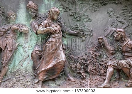 DUBROVNIK, CROATIA - DECEMBER 01: Relief on a monument of Ivan Gundulic in Dubrovnik. Scene from the ninth canto where Suncanica is taken to the Sultan's harem  in Dubrovnik on December 01, 2015.