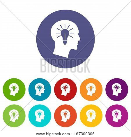 Light bulb inside head set icons in different colors isolated on white background