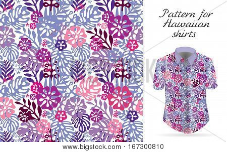 Tropical aloha pattern. Vector Hawaiian exotic flowers pattern on shirt mockup. Vector plants and flowers seamless background. Pink violet lilac color tropical florals.
