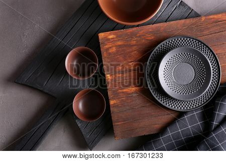 Set of kitchenware on grey background