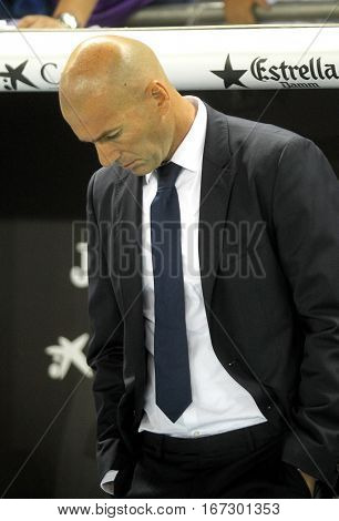 BARCELONA, SPAIN - SEPT, 18: Real Madrid manager Zinedine Zidane before a Spanish League match against RCD Espanyol at the RCDE Stadium on September 18 2016 in Barcelona Spain