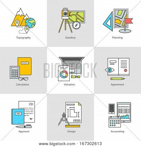 Flat line conceptual stages set icons, objects and tools. Geodesy, preparation, construction and engineering. Modern flat linear concept of the icon, symbol set for websites and applications, vector