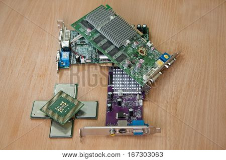 Computer processors and graphics cards isolated on the desktop