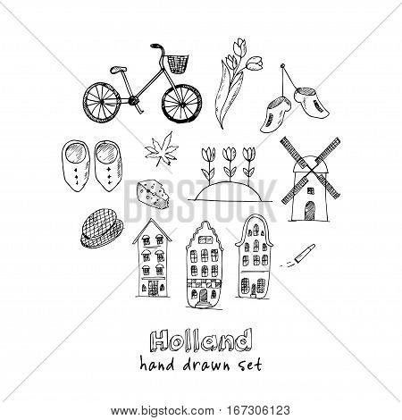 Doodle hand drawn collection of Holland icons. Netherlands culture elements for design. Vector illustration with travel objects