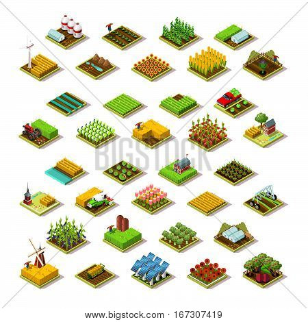 Isometric farm house building staff farming agriculture scene 3D icon set collection vector illustration