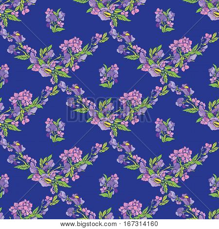 Seamless pattern with flowers on blue backdrop - hand drawn background.