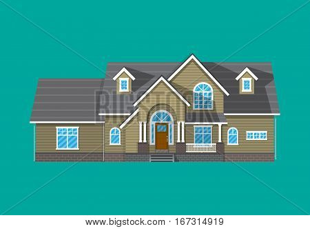 Suburban family house. countrysdie wooden house icon. vector illustration in flat style