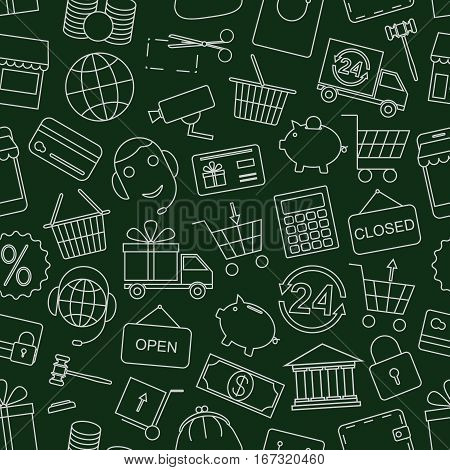 Seamless pattern business, Finance and money-vector illustration. Dark green background. Online shop, video surveillance and call center.
