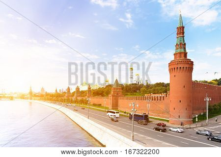 Kremlyovskaya embankment in Moscow with sunlight effect