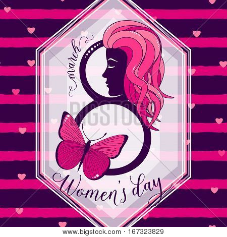 Vector illustration of 8 march womens day greeting card with lettering typography text sign, hearts, white angled shape frame, girl face with long hair on seamless rough stripes in Memphis style