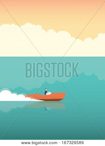 Elegant and rich man riding fast speedboat on the ocean. Vector concept for summer holiday or vacation. Eps10 vector illustration.