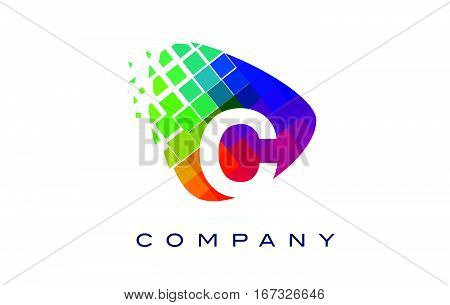 Letter C Colourful Logo. Rainbow C Letter Icon with Shattered Blocks.