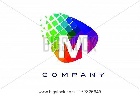 Letter M Colourful Logo. Rainbow M Letter Icon with Shattered Blocks.