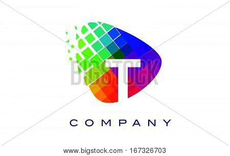 Letter T Colourful Logo. Rainbow T Letter Icon with Shattered Blocks.