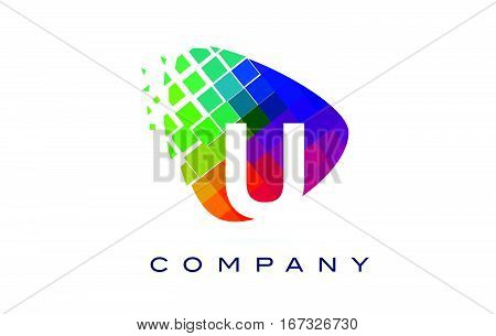 Letter U Colourful Logo. Rainbow U Letter Icon with Shattered Blocks.