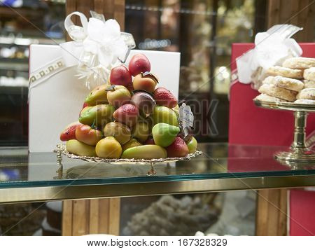 detail of marzapane in a italian pastry