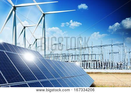 Renewable energy concept with grid connections solar panels and wind turbines