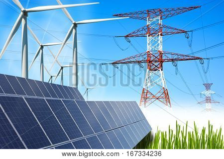 Renewable energy concept with grid connections solar panels and wind turbines