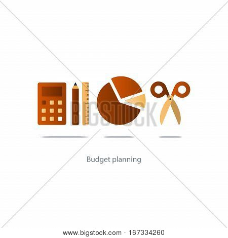 Budget fund measure and plan spending, financial calculation tools, investment strategic solution, money analytics, vector illustration icons