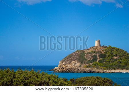 Sardinia Italy Torre di Chia creek with blue sky